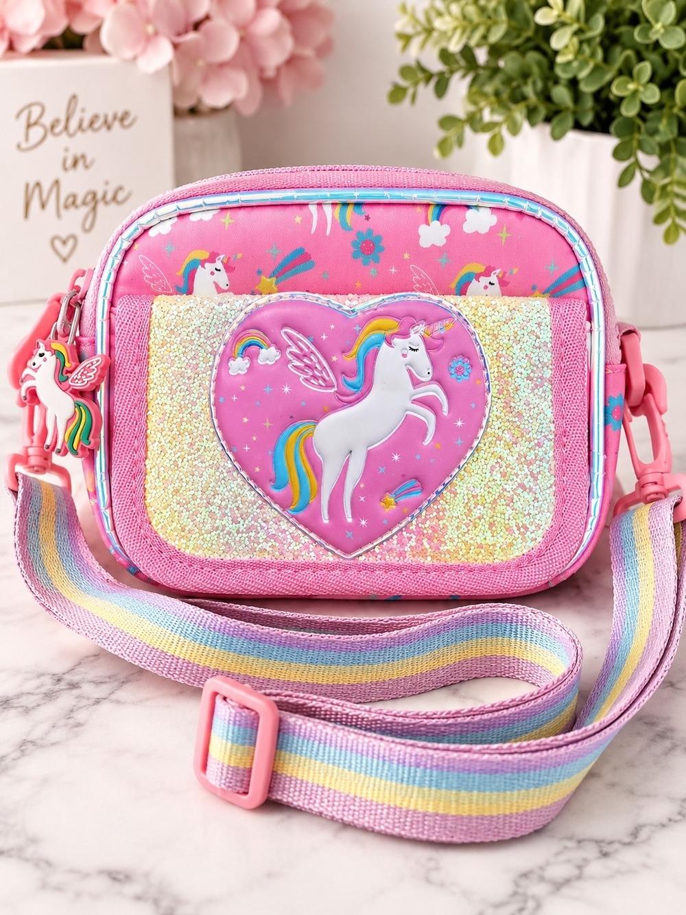 Pink Unicorn Rainbow Glitter Crossbody Bag Girls Purse